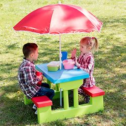 TecTake Set MOBILI da Giardino Tavolo per Bambini con PANCHINE incl. OMBRELLONE 3